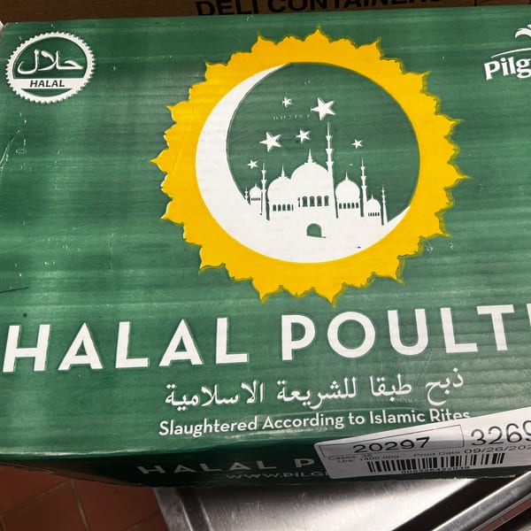 A green box of Halal poultry with a crescent moon, stars, and mosque design.