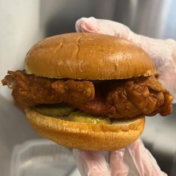 A hand in a clear glove holds a C & E Southern Bites fried chicken sandwich with pickles.